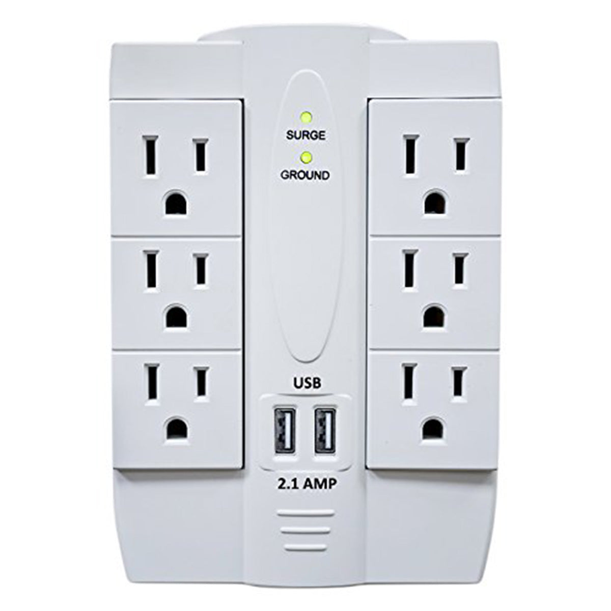 6 Outlet Swivel Wall Tap Surge Protector w/ 2 Port USB Charging