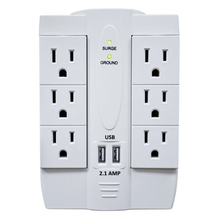 6 Outlet Swivel Wall Tap Surge Protector w/ 2 Port USB Charging